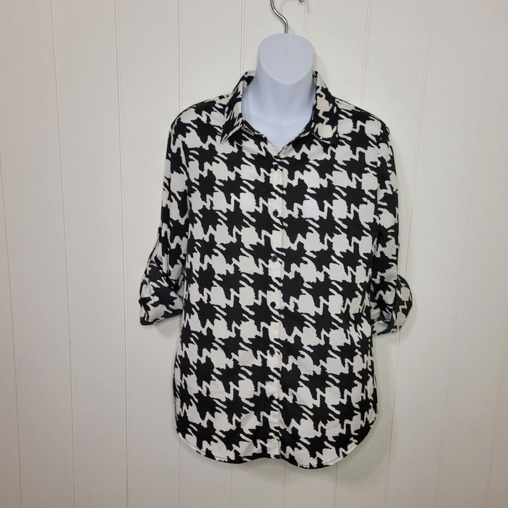 Karl Lagerfeld Paris Top Womens Size Small Black White Button Up Houndstooth